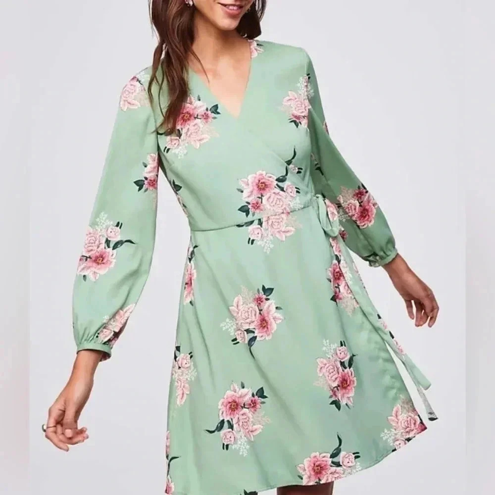 Loft floral midi lightweight light green long sleeve wrap dress size 00P - Picture 1 of 9